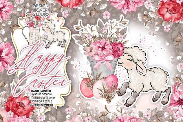快乐复活节羔羊水彩剪贴画设计素材 Happy Easter lamb design插图(2)