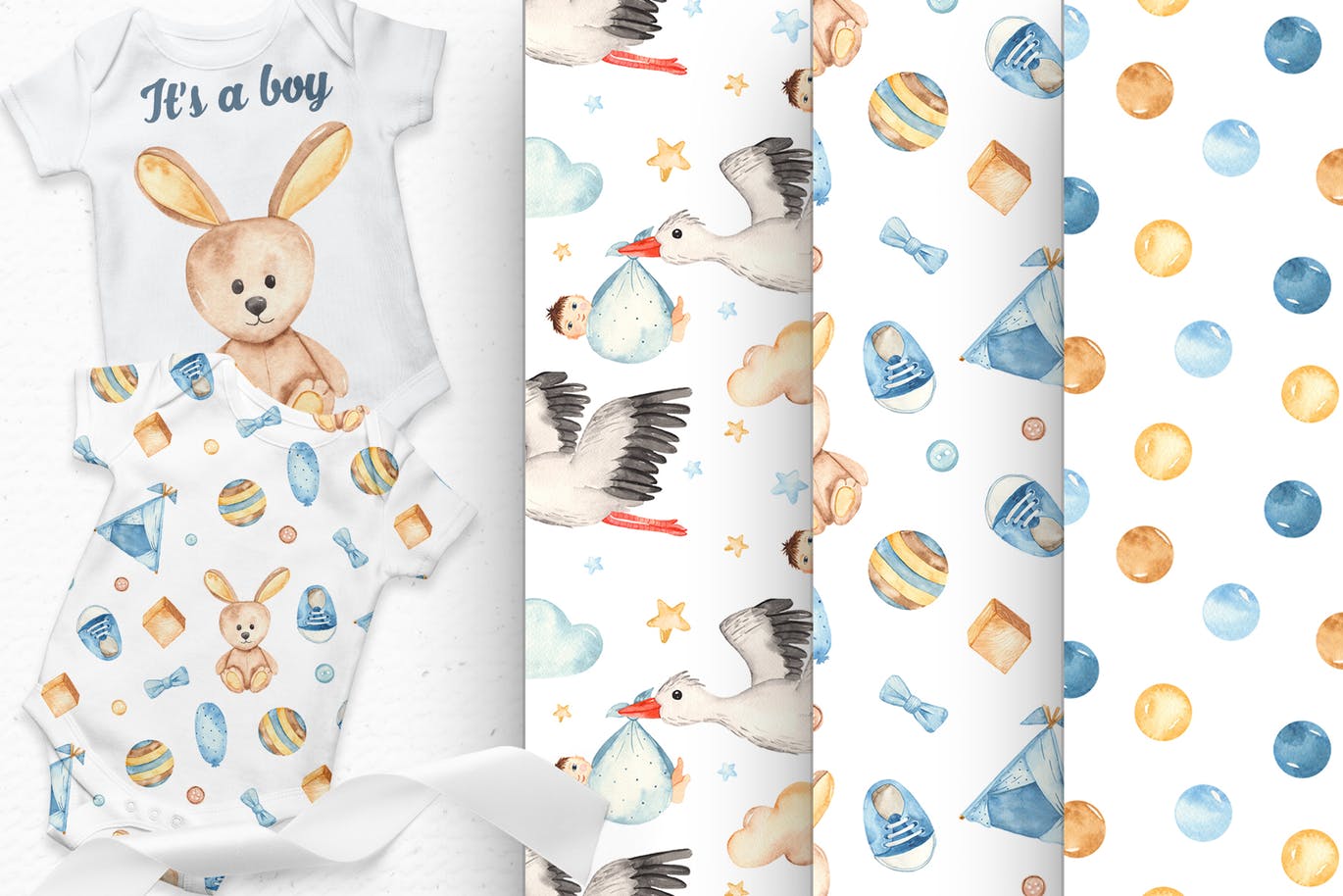 男新生儿婴儿水彩手绘矢量剪贴画/卡片/无缝图案背景素材 It’s a boy watercolor clipart, cards, patterns插图(5)