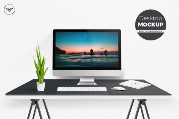 现代简约办公桌场景一体机电脑素材库精选样机模板 Desktop Mockups with Table