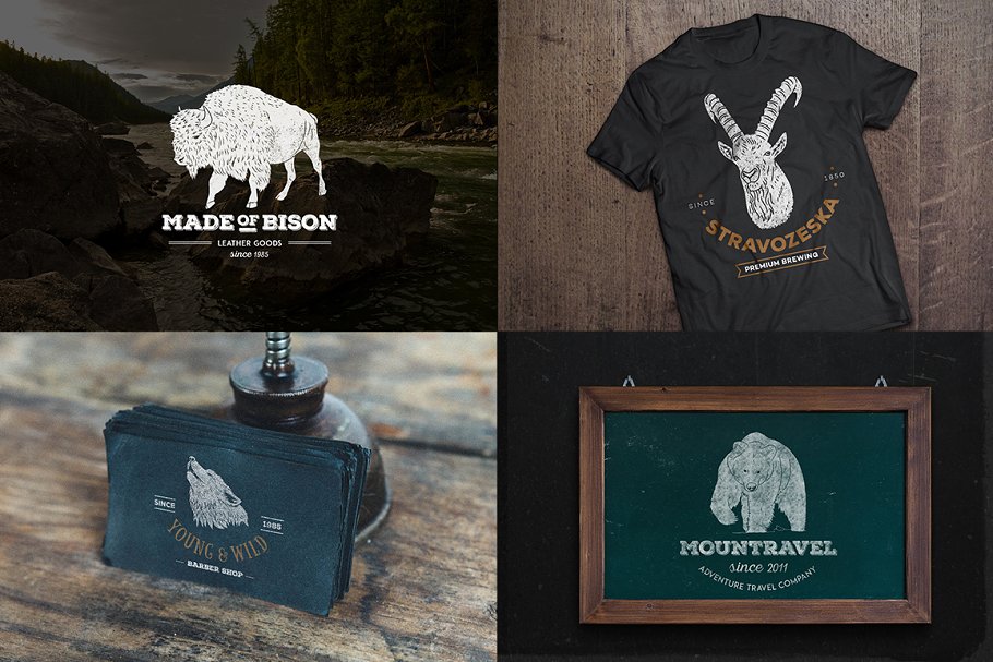 手绘动物图形复古Logo设计模板 Hand Drawn Animals Vintage Logo Kit插图(1)