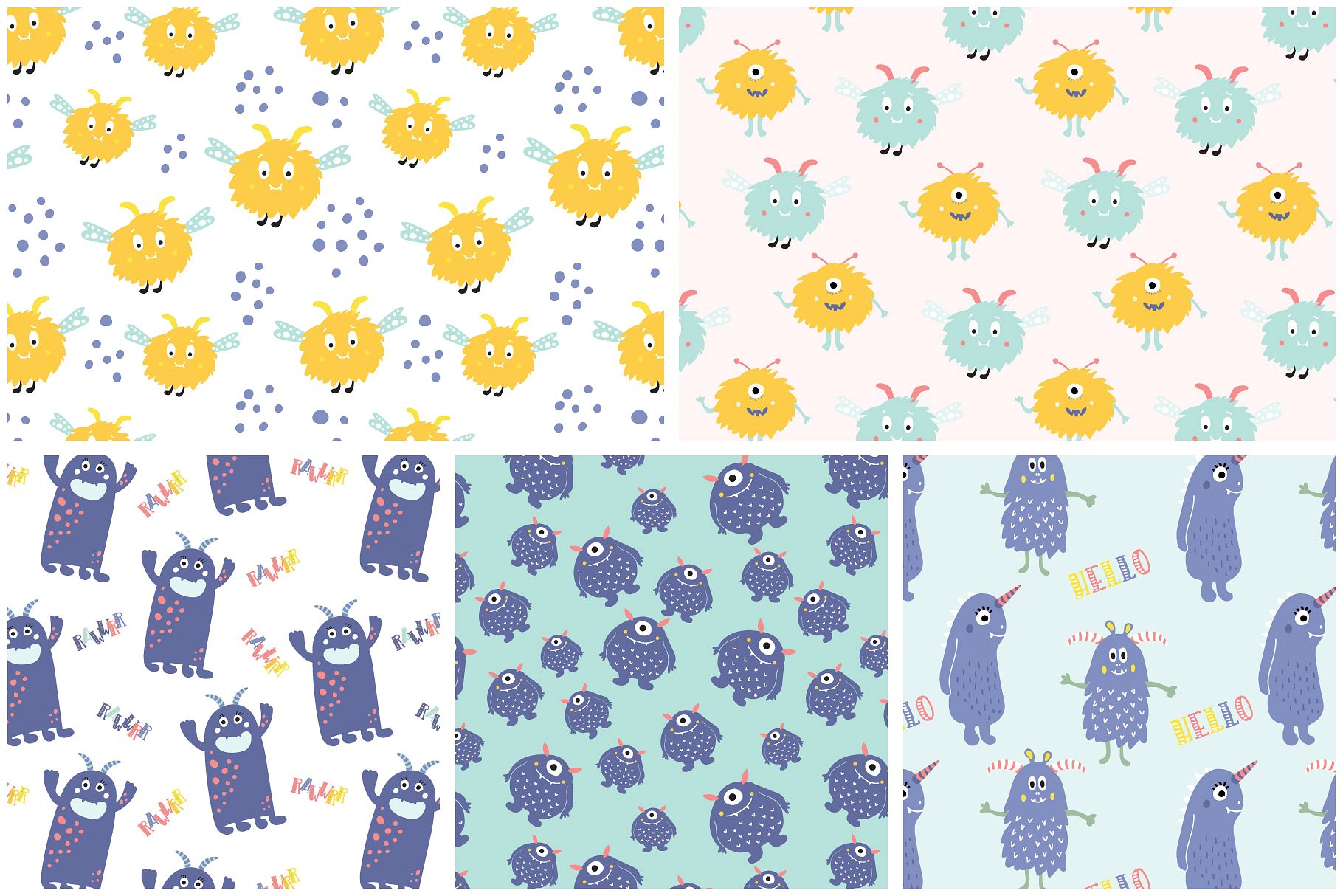 可爱的五颜六色怪物图案合集 Cute Monsters Patterns插图(6)