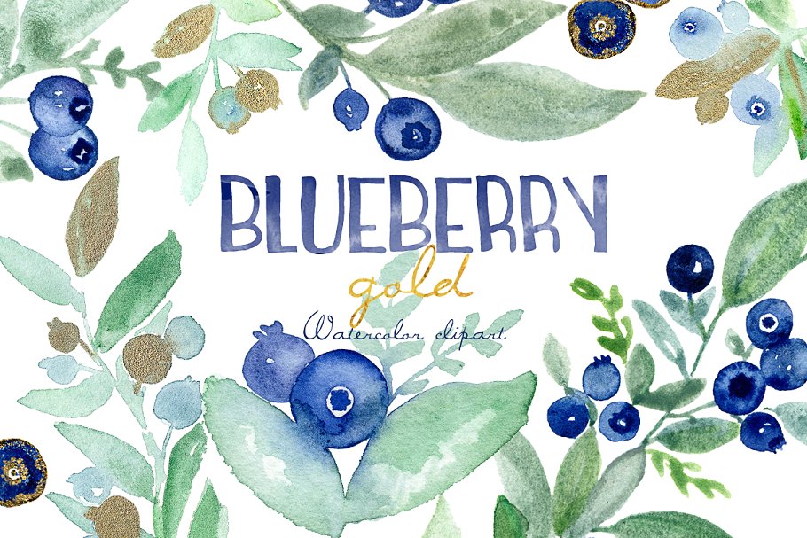 优雅水彩蓝莓插画剪贴画 Blueberry gold. Watercolors插图
