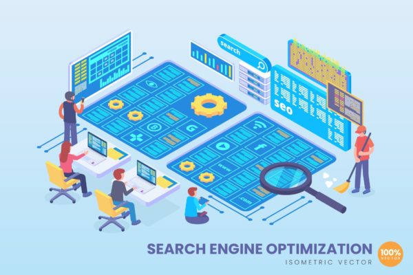 SEO搜索引擎优化技术等距矢量科技素材库精选概念插画v2 Isometric Search Engine SEO Vector Concept