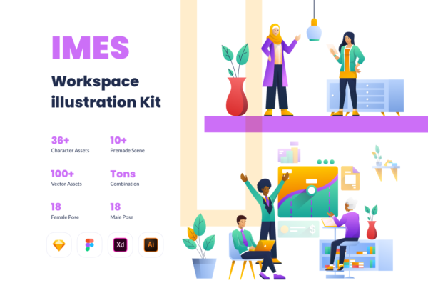 素材库下午茶：2D社交工作场景概念插画下载[Sketch,Ai,XD,fig]
