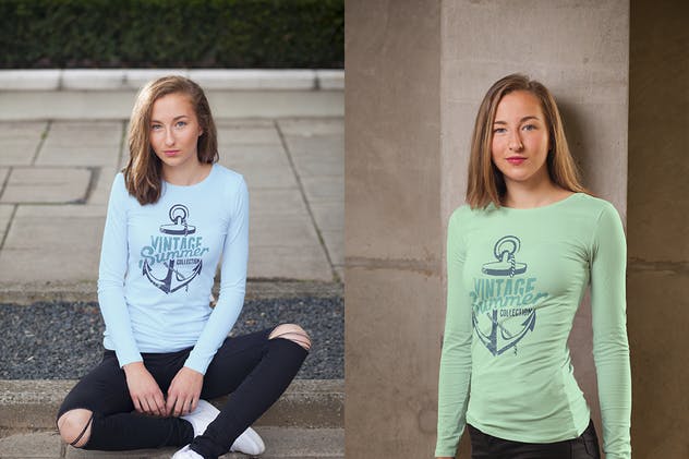 实景拍摄女款T恤模特上身效果样机模板 Crew Neck T-shirt Mock-up Female Version插图(5)