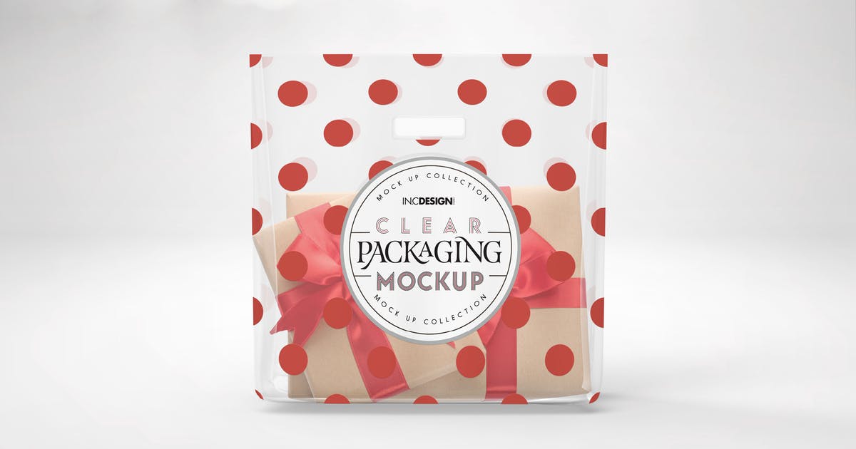 透明开口产品包装袋外观设计样机模板 Clear Bag with Cutout Handle Packaging Mockup插图