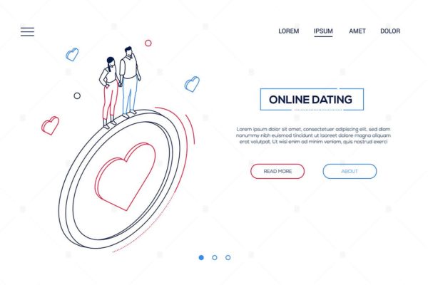 在线数据库管理场景线条设计风格网站Banner素材库精选概念插画 Online dating – line style isometric web banner