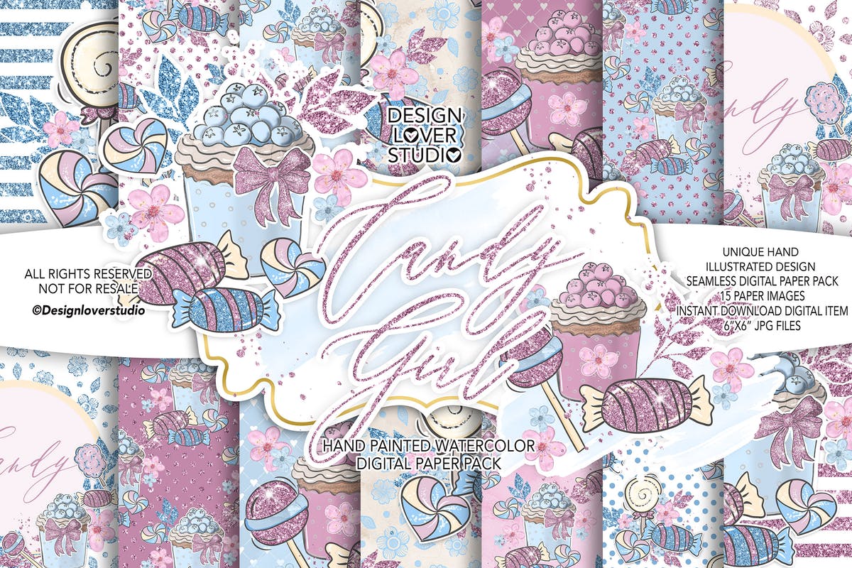 糖果女孩水彩花卉剪贴画合集 Candy Girl digital paper pack插图