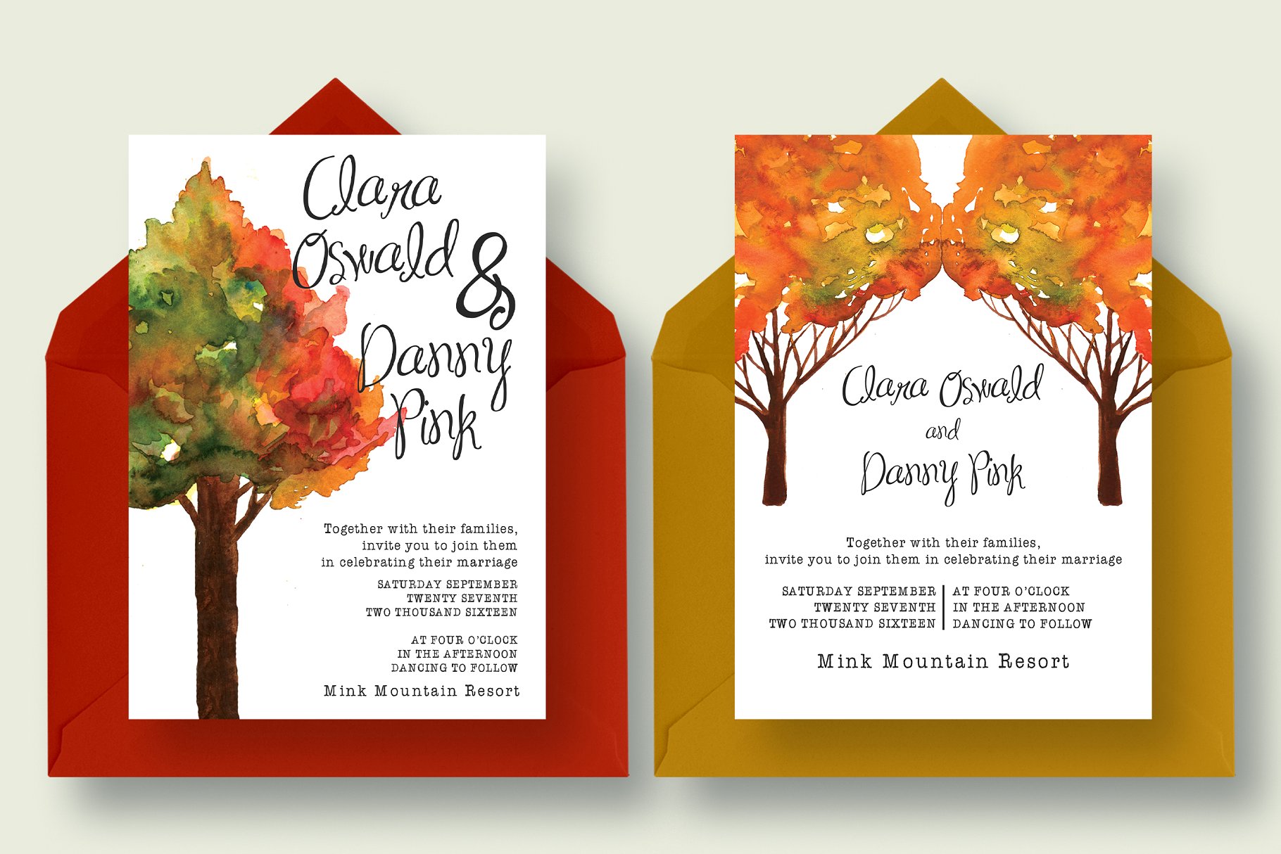 水彩树木婚礼邀请函模板套装 Watercolour Tree Wedding Suite 2.0插图(1)