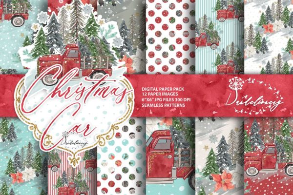 圣诞节礼物卡车数码纸张背景素材 Christmas Car digital paper pack