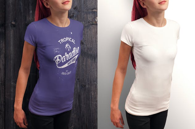 女版圆领印花T恤样机 Crew Neck T-shirt Mock-up Female Version插图(3)