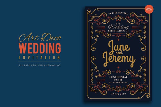 复古艺术婚礼邀请函PSD设计模板v8 Art Deco Wedding Invitation PSD And Vector Vol.8插图(1)