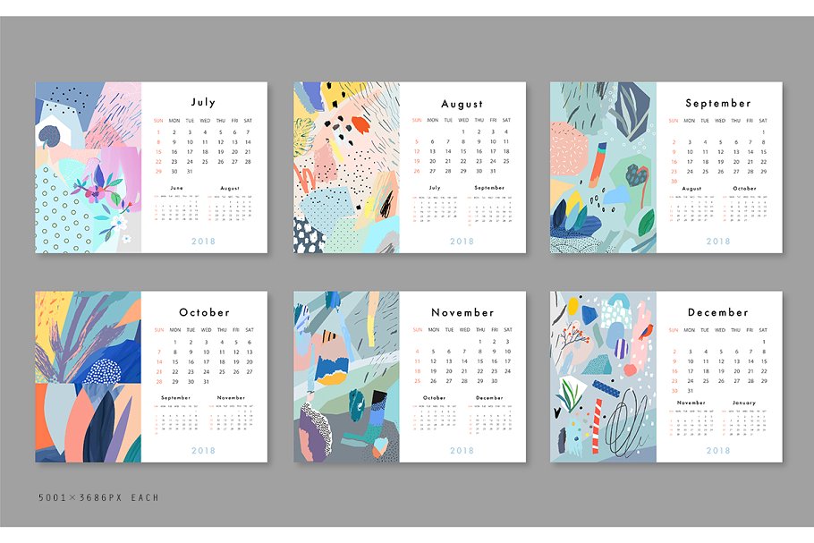 彩色涂鸦印象派日历年历模板 2018 CALENDARS set插图(8)