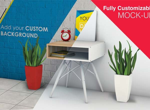 简约固定式办公桌和海报模型Mockups