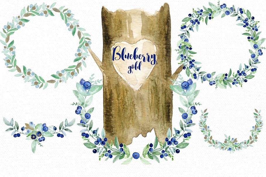 优雅水彩蓝莓插画剪贴画 Blueberry gold. Watercolors插图(5)