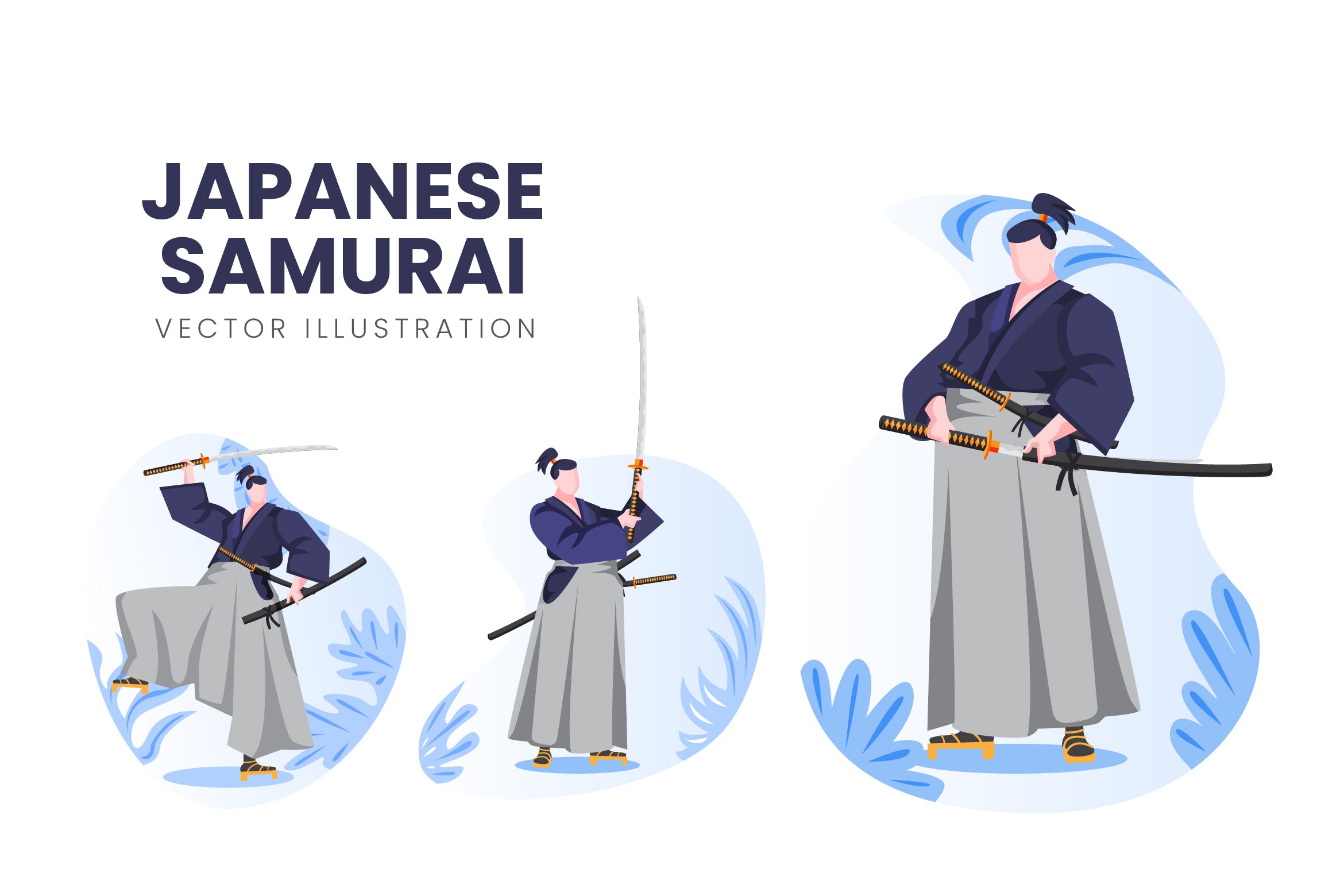 日本武士人物形象素材库精选手绘插画矢量素材 Japanese Samurai Vector Character Set插图