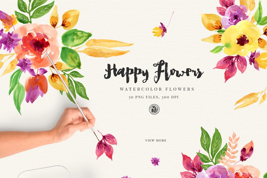 手绘七彩阳光花卉剪贴画 Happy Flowers插图