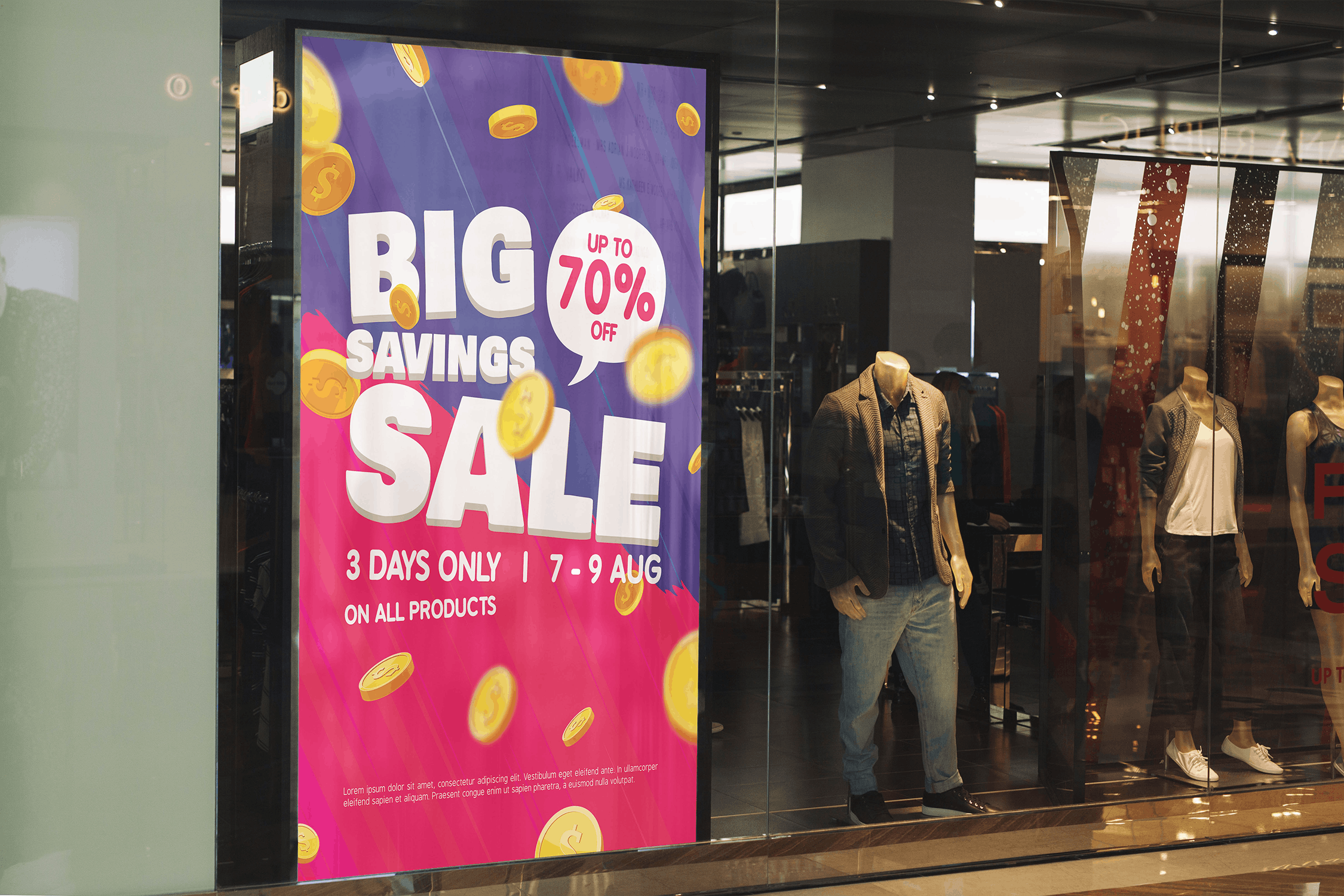 天降金币大型促销活动海报设计模板 Falling Coins Big Savings Sale Poster And Flyer插图(1)