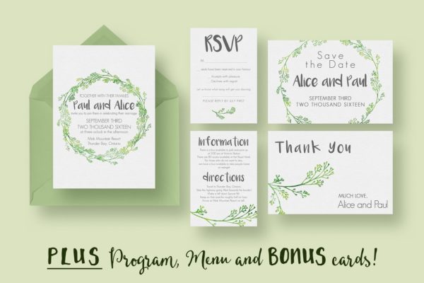 清新文艺的植物花边婚礼邀请函模板套装 Hip Wedding Invitation Suite