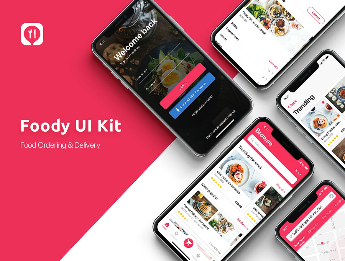 餐厅订位外卖APP应用UI设计套件SKETCH模板 Food ordering & Delivery UI Kit for SKETCH插图(1)