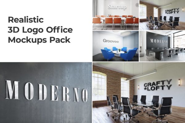 3D办公会议室Logo墙场景样机Vol.1 3D Logo Office Mockups Pack Vol 1
