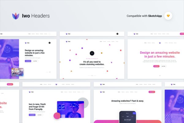 IWO现代创意网站UI设计套件SKETCH模板 Iwo Web UI Kit – Headers &amp; Covers – Sketch
