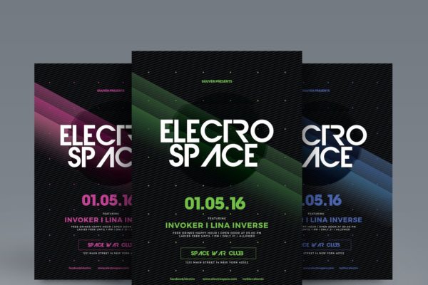 3色企业活动大会宣传海报模板 Electro Space Party