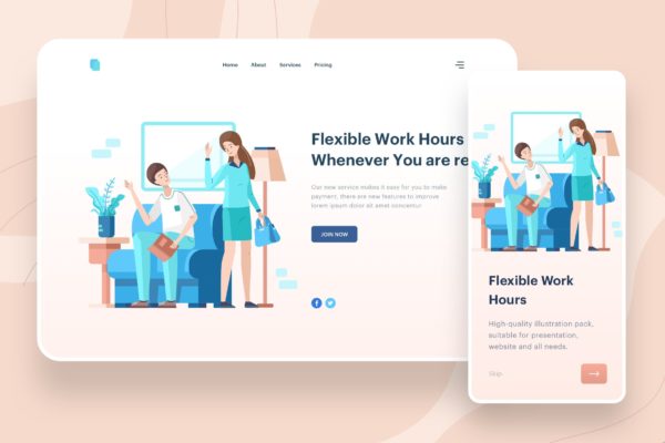 弹性工作时间主题APP&amp;Web矢量插画 Flexible Work Hours Illustration – Website Header