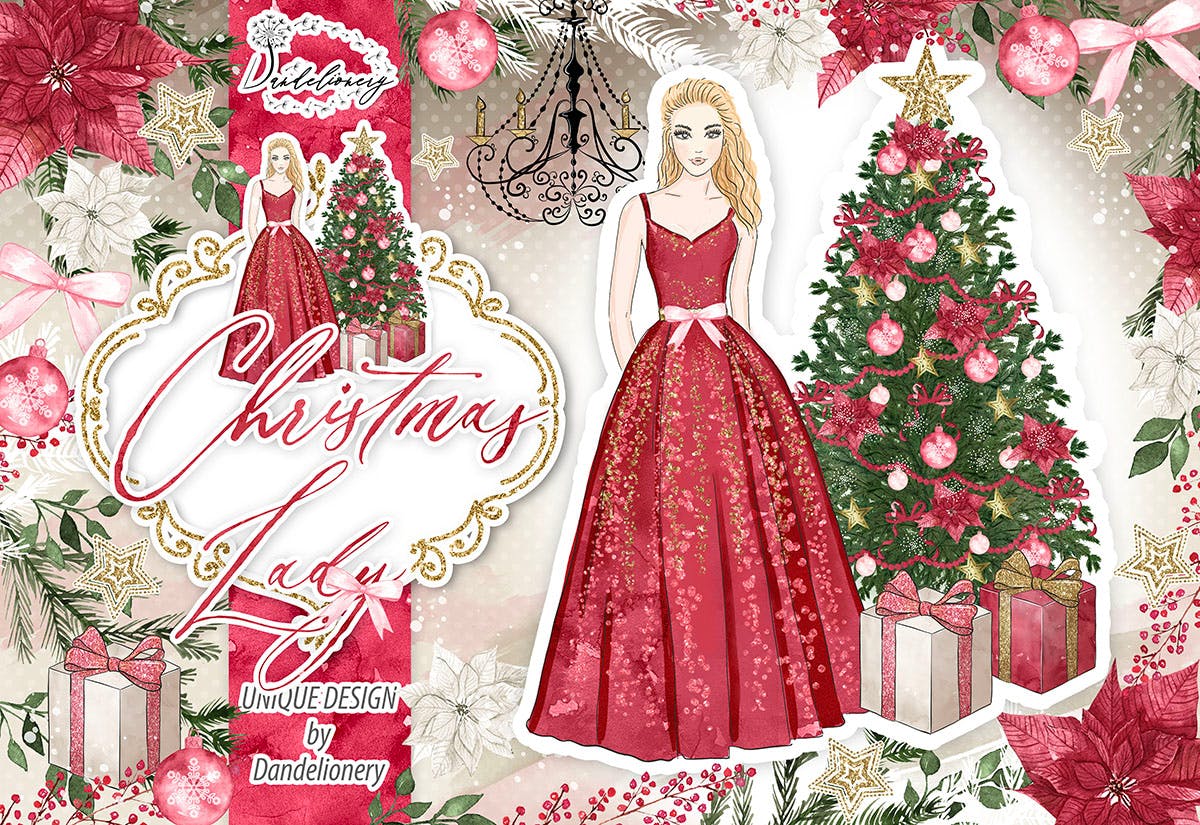 圣诞节元素优雅女郎剪贴画高清PNG素材 Christmas Lady design插图(1)