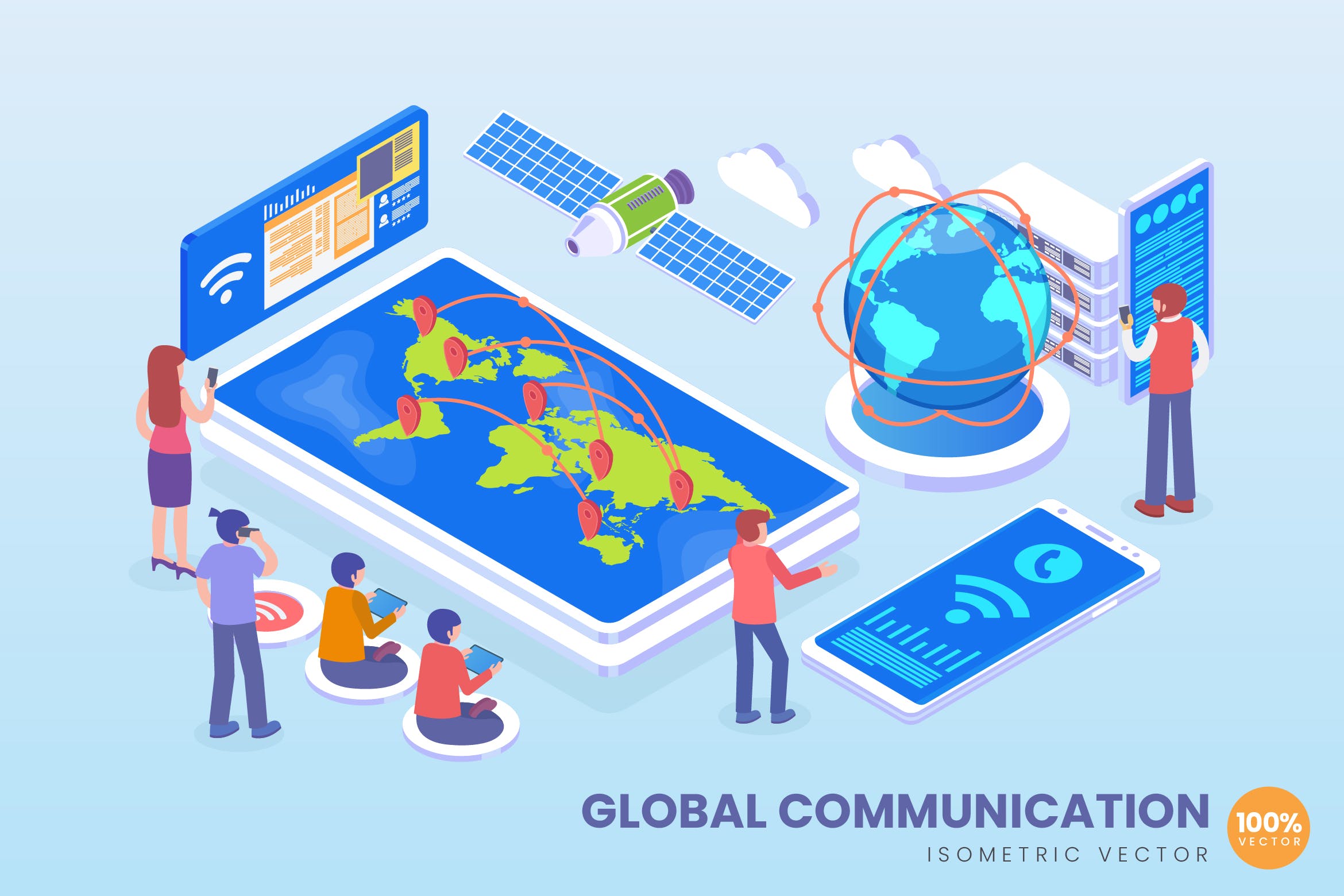 全球互联通讯技术主题等距矢量概念插画素材 Isometric Global Communication Vector Concept插图