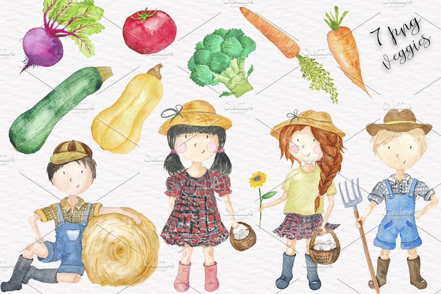 手绘水彩农场卡通小孩无缝插图 Farm Animals & Kids Collection插图(1)