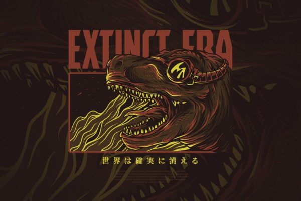恐龙时代手绘插画T恤印花图案设计素材 Extinct Era