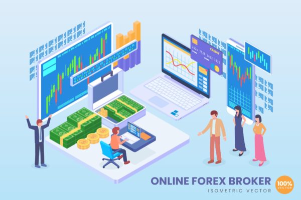 在线外汇经纪人等距矢量素材库精选科技概念插画 Isometric Online Forex Broker Vector Concept