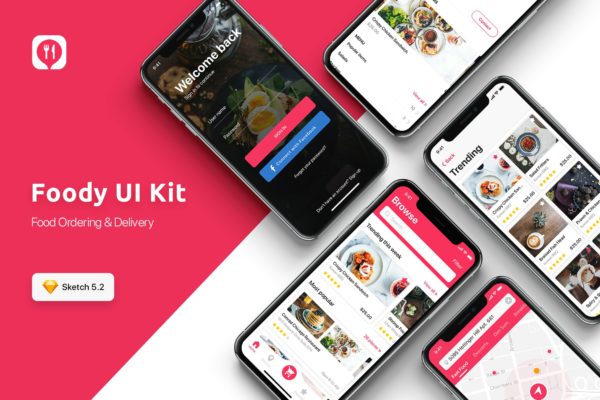 餐厅订位外卖APP应用UI设计套件SKETCH模板 Food ordering &amp; Delivery UI Kit for SKETCH