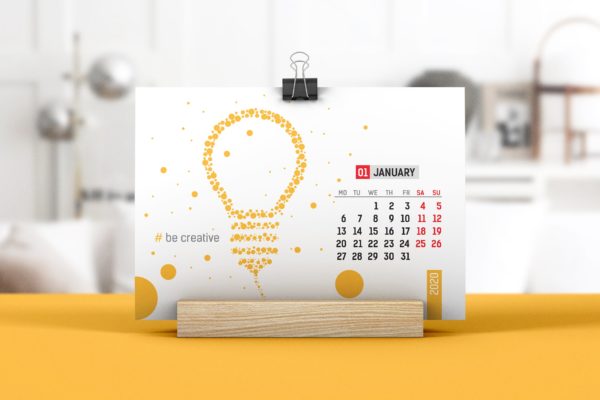 木架桌面台历设计图样机模板v02 Desk Calendar With Wooden Stand Mockup 02