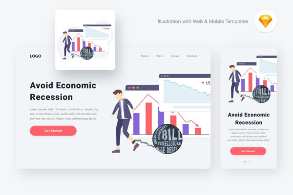 经济研究分析网站设计矢量插画素材[SKETCH&amp;SVG] Economic recession illustration (Sketch &amp; SVG)