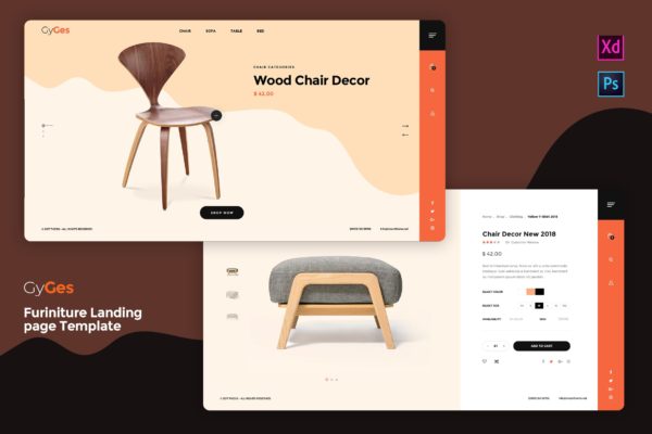时尚家居品牌网站着陆页设计模板[PSD, XD] Gyges – Furniture Landing page Template