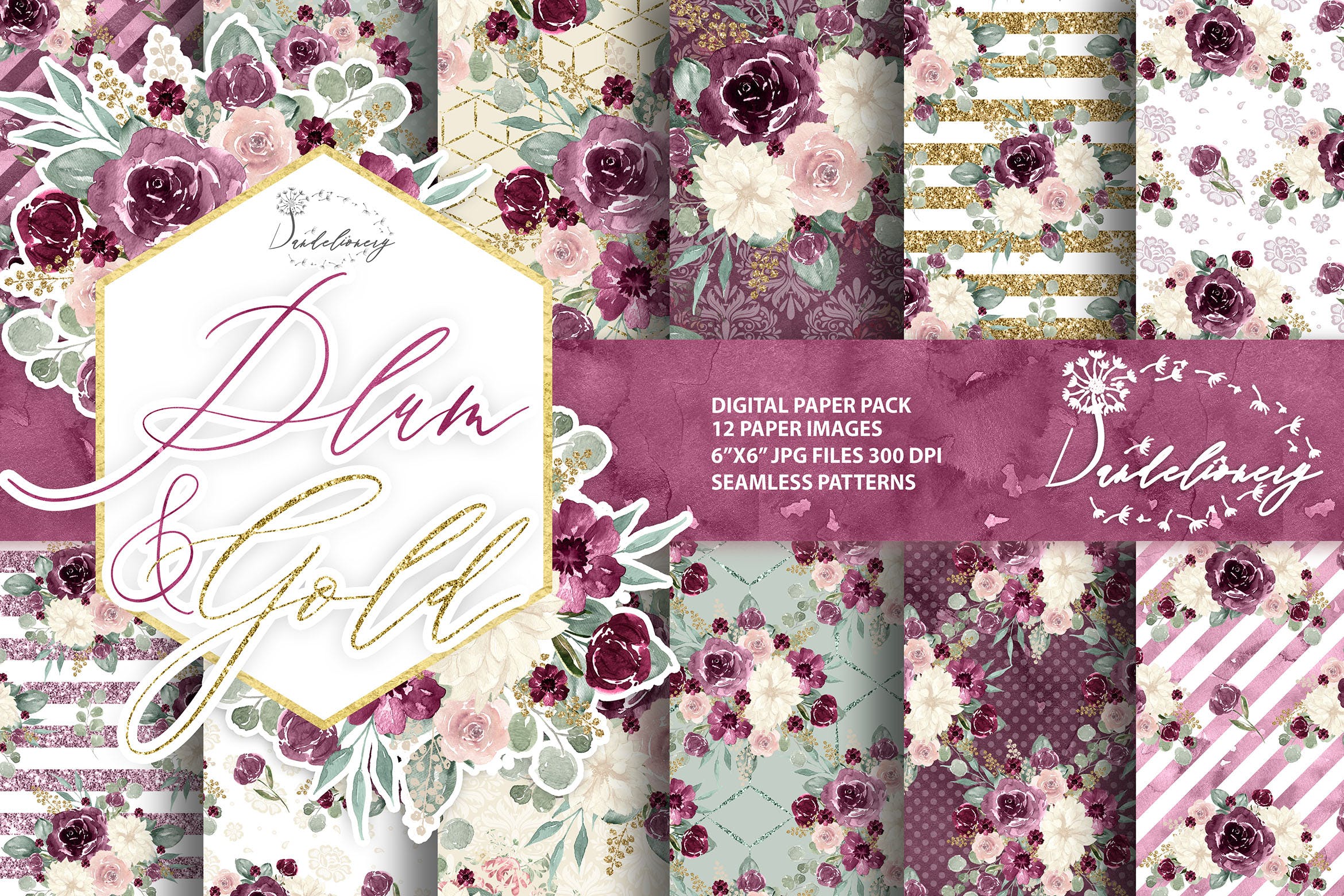 紫红色&金色水彩手绘花卉图案数码纸张设计素材 Watercolor Plum and Gold digital paper pack插图