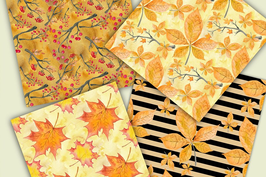 秋天落叶水彩图形剪贴画 Fall Watercolor Digital Paper Pack插图(3)