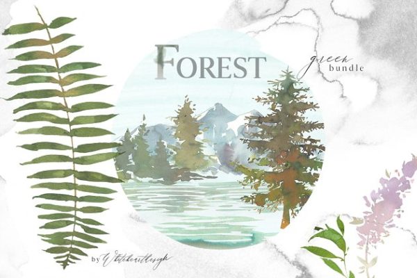 绿色森林水彩图案剪切画集合 Forest – Green Watercolor Bundle
