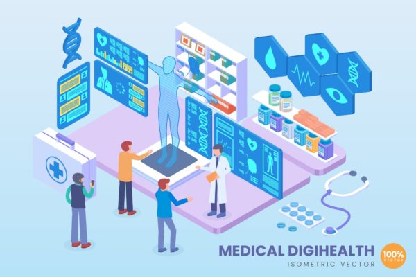 医学数字健康等距矢量科技素材库精选概念插画 Isometric Medical Digihealth Vector Concept
