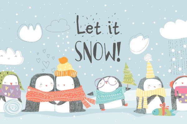 卡通企鹅庆祝圣诞节场景矢量插图素材 Cute penguins celebrating Christmas. Vector illust