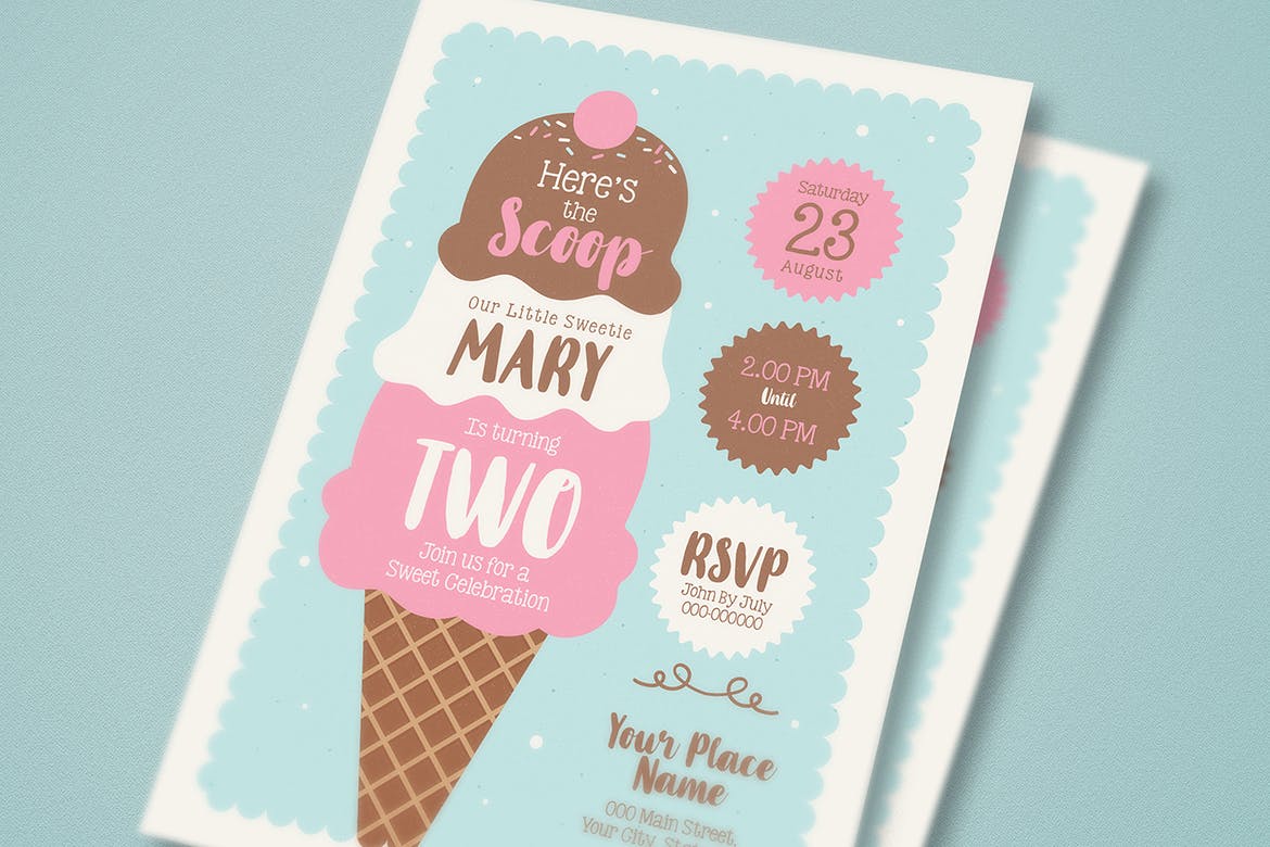 雪糕店周年庆邀请海报传单素材库精选PSD模板 Ice Cream Birthday Invitation插图(2)