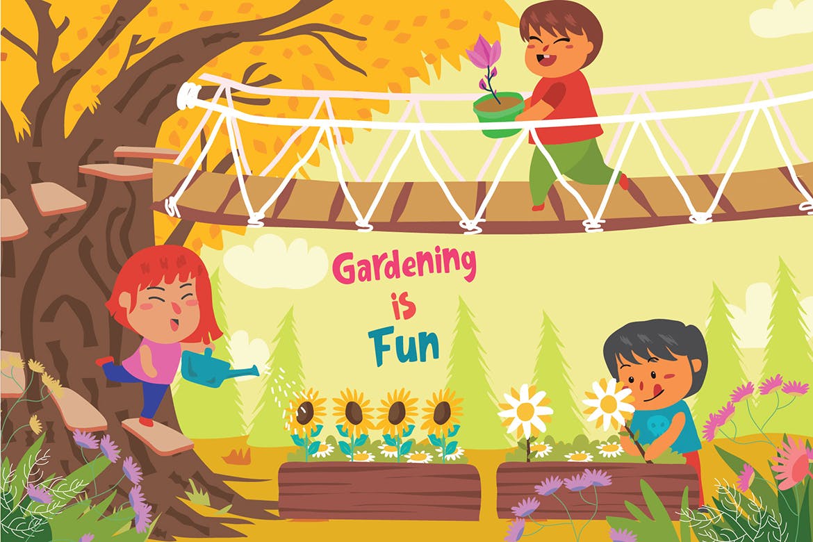 儿童乐园主题矢量插画素材 Gardening is Fun – Vector Illustration插图