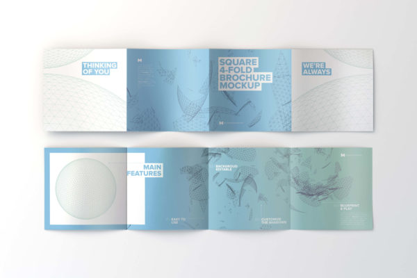 方形四折页企业传单/宣传册排版印刷效果图样机02 Spread Square 4-Fold Brochure Outside and Inside Mockup 02