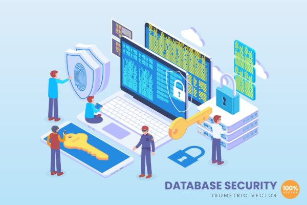 数据库安全等距矢量科技素材库精选概念插画v1 Isometric Database Security Vector Concept