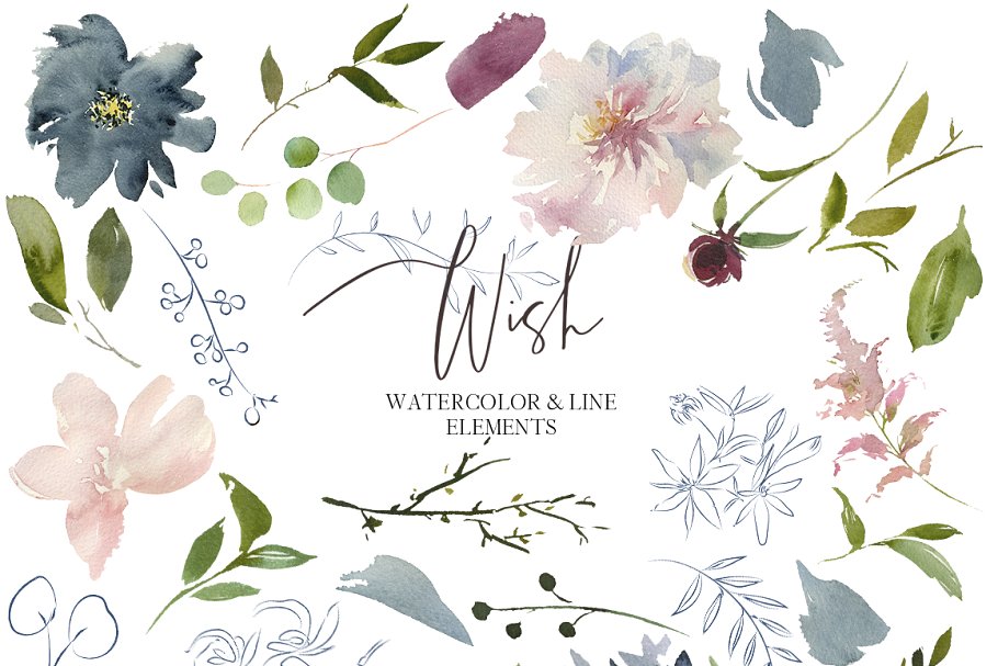 极力推荐：色彩丰富水彩花卉素材包 Wish Bordo Blue Watercolor Flowers [2.05GB]插图(9)