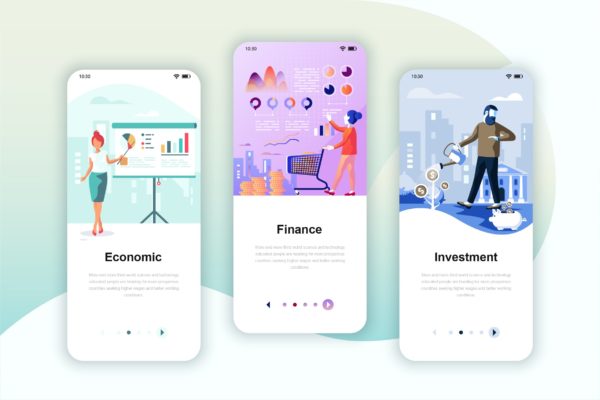 经济学/金融/投资主题素材库精选概念插画移动APP应用启动页模板 Instagram Stories Onboarding Screens Mobile App