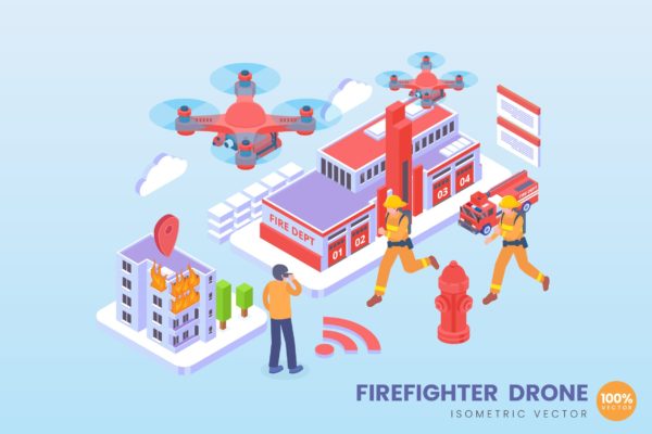 消防无人机技术等距矢量科技素材库精选概念插画 Isometric Firefighter Drone Vector Concept