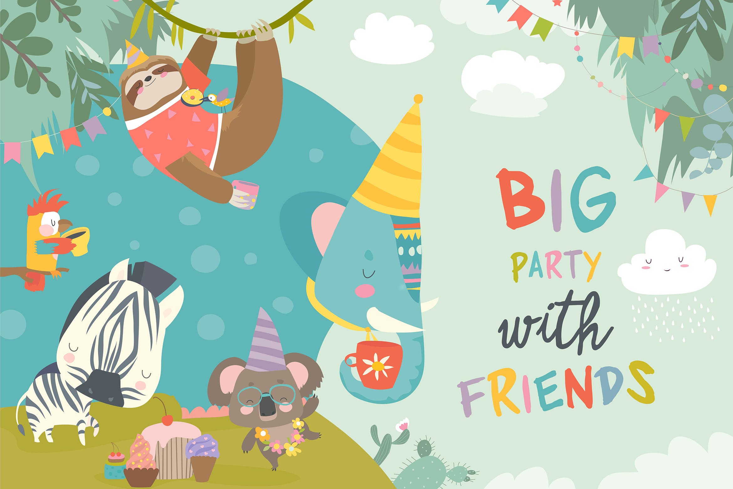 儿童生日派对主题设计矢量插画素材 Vector birthday background with happy animals插图